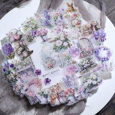 a white plate topped with lots of flowers