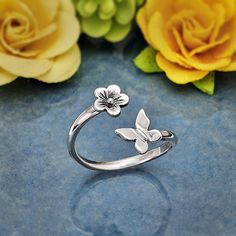 BUTTERFLY AND CHERRY BLOSSOM RING STERLING SILVER ADJUSTABLE BAND Butterfly Rings, Cherry Blossom Flower, Butterfly And Flower, Flowers Jewelry, Bee Ring, Stick Crafts, Animal Totem, Important Message, Jewelry Quotes