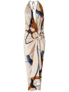 white/multicolour halterneck tie fastening abstract pattern print V-neck sleeveless draped detailing knot detailing open back asymmetric hem mid-length Edie Sedgwick, Bride Outfits, Perpetual Motion, Dark Autumn, Wardrobe Edit, Vacation Wear, Wrap Midi Dress, Girl Fits, Satin Midi Dress