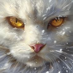 a painting of a white cat with yellow eyes and snow flakes on its fur