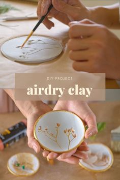 two hands holding small plates with flowers on them and the words, diy project air dry clay