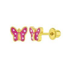 These pink polka dot butterfly screw back earrings for kids will make your sweet little girl. Our children's butterfly screw-back earrings come with screw-on backs for extra comfort and security. Each butterfly earring features pink enamel and white polka dots that makes them super cute for kids and children. Any little diva will love these pink butterfly screw back earrings. Gift box included. Size: One Size.  Gender: female.  Age Group: infant. Gold Butterfly Jewelry, Dot Butterfly, Lightning Bolt Earrings, Butterfly Kids, Paw Print Charm, Baby Earrings, Earrings For Girls, Red Butterfly, Butterfly Baby