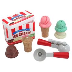 an assortment of ice cream and dessert items