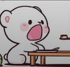 a cartoon bear sitting at a table with sushi in front of him