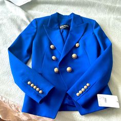 Nwt Authentic Classic Balmain Blazer. Still Has Tags On. Luxury Blue Double-breasted Outerwear, Luxury Blue Blazer For Fall, Designer Blue Outerwear With Button Closure, Luxury Blue Outerwear For Evening, Luxury Blue Evening Outerwear, Luxury Blue Outerwear With Buttons, Designer Blue Double-breasted Outerwear, Luxury Blue Blazer For Office, Luxury Blue Blazer For The Office