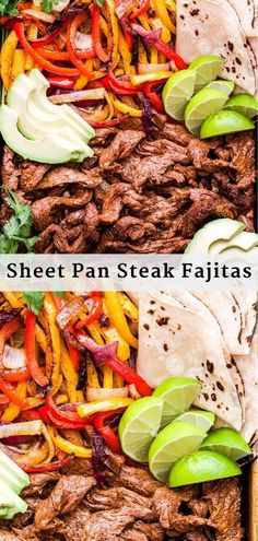 steak fajitas with peppers, avocado and cilantro on top