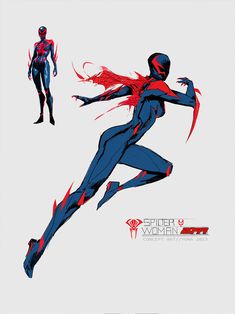 an image of a woman running with red and blue paint on her body in the shape of a spider - man