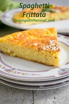 two plates with slices of quiche on them sitting on a counter top next to each other