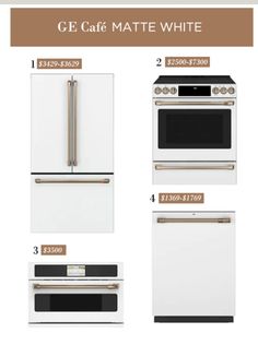 the kitchen appliance is white and has gold trimmings on its doors