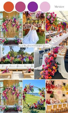 a collage of different pictures with flowers and decorations on them, including tables and chairs