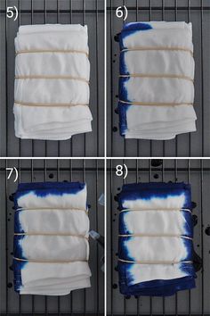 four pictures showing how to tie - dyed napkins with blue and white dye on them