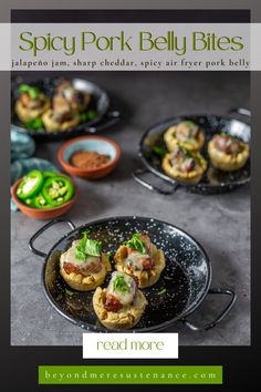 the cover of spicy pork belly bites is shown on a black plate with green peppers