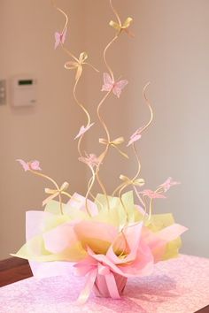 I love this butterfly centerpiece. I think it would be easy to make. Butterfly Centerpieces, طفلة حديثة الولادة, Mesas Para Baby Shower, Idee Babyshower, Butterfly Baby Shower, Butterfly Party, Shower Centerpieces, Butterfly Theme, Butterfly Birthday