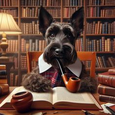 a dog sitting at a table with an open book and pipe in it's mouth