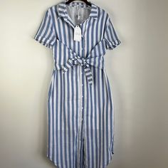 Nwt English Factory Women’s Striped Button Down Tie Waist Midi Dress. Blue And White Striped Shirt Style Midi Dress With Collared Neck, Cuffed Sleeves, Button Down Front, And Tie Waist Detail. Dress Is Lined Halfway Down. Brand New! Size Medium Width Pit To Pit 18in Length 46in Striped Button-up Midi Dress For Daywear, Spring Striped Button-up Midi Dress, Fitted Striped Shirt Dress With Buttons, Spring Blue Shirt Dress With Button Closure, Blue Button Closure Shirt Dress For Beach, Blue Beach Shirt Dress With Button Closure, Blue Shirt Dress With Button Closure For Day Out, Blue Button-up Cotton Midi Dress, Blue Cotton Button-up Midi Dress