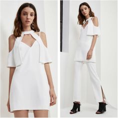 Nwt C/Meo Collective - Cameo Collective - No Reason Ivory White Cold Shoulder Mock Neck Cape Sleeve Layer Dress. Dress Features Sweetheart Neckline, Adjustable Straps, Mock Neck Collar, And Fluttering Cold Shoulder / Open Shoulder Cape Short Sleeves / Layers That Hang Down From The Collar. Dress Can Be Worn As A Dress Or As A Tunic / Dress Over Pants. Reaches Mid Thigh. Fits Size 2, Size, 3, Size 4. Spring Date Night Dress With Cutaway Shoulders, Spring Date Night Dresses With Cutaway Shoulders, Chic Mini Dress With Cutaway Shoulders For Party, Chic Party Mini Dress With Cutaway Shoulders, Cocktail Mini Dress With Cutaway Shoulders, Spring Evening Dress With Cutaway Shoulders, Elegant White Mini Dress For Day Out, Spring Fitted Midi Dress With Cutaway Shoulders, Fitted Midi Dress With Cutaway Shoulders For Spring