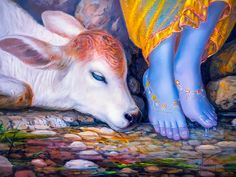 a painting of a cow laying on the ground next to a woman's legs