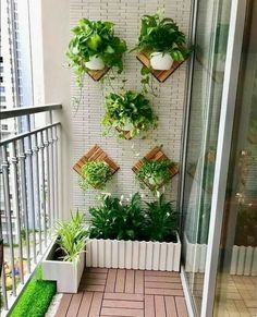 an outdoor balcony with potted plants on the wall and green grass in the floor