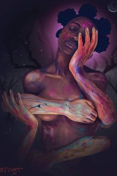 a painting of a woman with her hands on her face and arms wrapped around her body