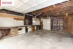 an empty garage with lots of wood and white paint on the walls is shown in this image