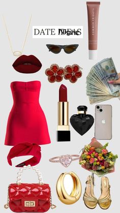 the contents of a woman's red dress and purse are arranged on top of each other