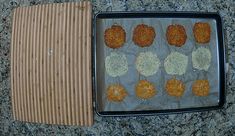 some food is laying out on a baking sheet and next to a box with it's contents