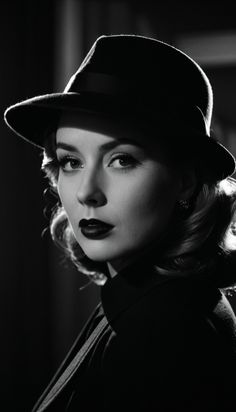 black and white photo of a woman wearing a hat