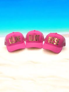 Beach Trucker hats. Beach Bachelorette Party favors The colors can be chosen at checkout! Brim and Mesh hat will feature the chosen color. Adjustable 6 panel features an adjustable plastic strap!  One size fits most! No returns or exchanges But please contact me if you have any problems with your order! Novelty Summer Party Hats, Fun Summer Party Mini Hats, Adjustable Pink Party Supplies For Summer, Cute Summer Birthday Party Supplies, Playful Summer Party Supplies, Adjustable Gold Trucker Hat For Summer, Cute Birthday Party Supplies For Summer, Gold Adjustable Trucker Hat For Summer, Summer Party Mini Hat, One Size Fits Most