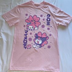 Pink Hello Kitty Friends My Melody And Kuromi T-Shirt In Pristine Brand New Condition. Cute Pink T-shirt With Graphic Print, Pink Crew Neck T-shirt With Cute Design, Pink Hello Kitty Cotton Top, Cute Crew Neck T-shirt, Kawaii Cute Crew Neck Tops, Cute Kawaii Crew Neck Top, Kawaii Crew Neck Top With Cute Design, Cute Pink Short Sleeve T-shirt, Kawaii Pink Tops With Graphic Print