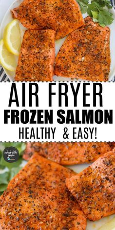 air fryer frozen salmon on a plate with lemon wedges