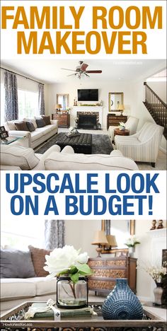 a living room makeover with the words, upscale look on a budget