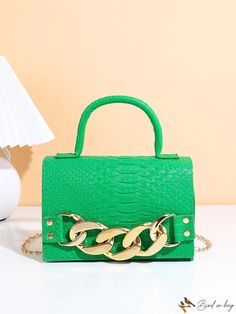 BirdinBag - Crocodile Embossed Mini Handbag with Chain Accent and Single Handle Green Satchel With Chain Strap, Green Top Handle Shoulder Bag With Chain Strap, Green Satchel With Chain Strap For Daily Use, Green Shoulder Satchel With Chain Strap, Green Chain Shoulder Bag, Crocodile Handbags, Fluorescent Orange, Bag With Chain, Mini Handbag