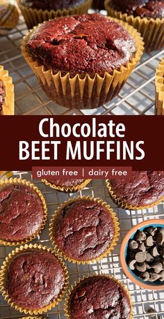 chocolate beet muffins on a cooling rack with the words, gluen free dairy free