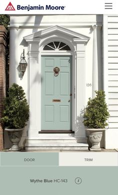 the front door is painted blue and has two potted plants on either side of it