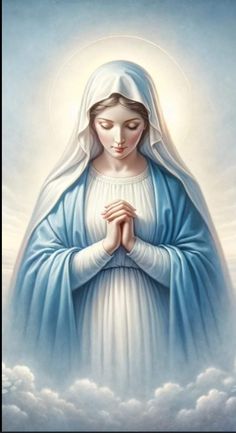 the immaculate mary in blue robes with clouds around her and hands folded up to pray