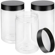 three clear jars with black lids and one empty jar on the bottom, both have plastic lids