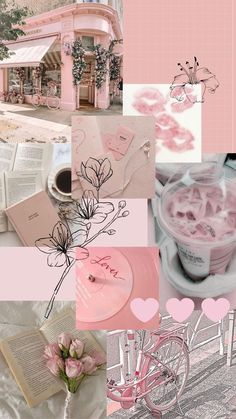 pink and white collage with flowers, books, ice cream and other things in it