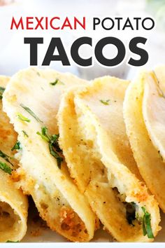 mexican potato tacos on a white plate with the words, mexican potato tacos