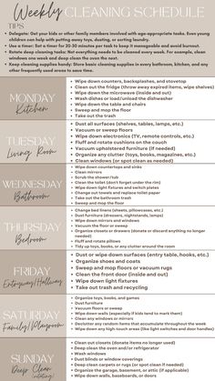 Weekly schedule and cleaning break down for every room in your house. Cleaning schedule is broken down by week day and room type. You can customize it to fit your needs. Cleaning House Schedule, Realistic Cleaning Schedule, Stay At Home Mom Schedule, Cleaning Schedule Weekly, House Cleaning Schedule, House Management, Daily Cleaning Schedule, Homemaker Schedule, Weekly Chore Charts