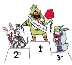 cartoon characters standing on top of a podium with the number one in front of them