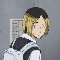 an anime character with blonde hair wearing a backpack and looking at something on the wall