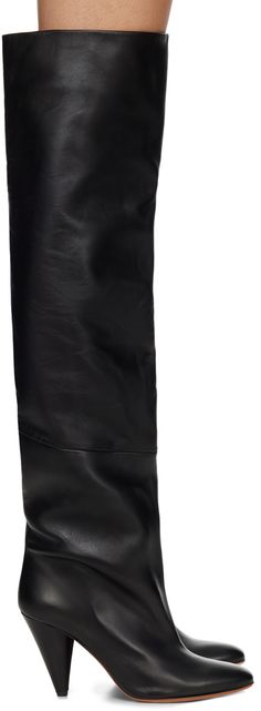 Thigh-high buffed lambskin boots in black. · Covered heel · Logo hardware at calfskin sole · Heel: H4.75 Supplier color: Black Luxury Black Calf Leather Knee-high Boots, Black Calf Leather Knee-high Boots With Leather Sole, Luxury Black Knee-high Boots With Leather Lining, Black Calf Leather Knee-high Boots With Sculpted Heel, Black Knee-high Boots With Sculpted Heel In Calf Leather, Black Knee-high Calf Leather Boots With Sculpted Heel, Black Calf Leather Knee-high Boots With Reinforced Heel, Black Knee-high Calf Leather Heeled Boots, Black Luxury Knee-high Boots For Fall