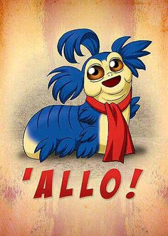 an image of a cartoon character with the word'allo'written in red, white and blue