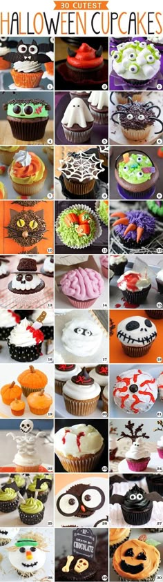 halloween cupcakes with different designs and colors on them are shown in this collage