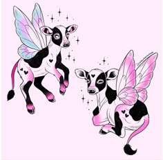 two black and white cows with pink wings on their backs, one in the air