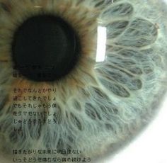 the iris of an eye with words written in japanese and english on its outside side