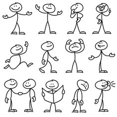 cartoon stick figures with different poses and expressions for children to draw on the white background