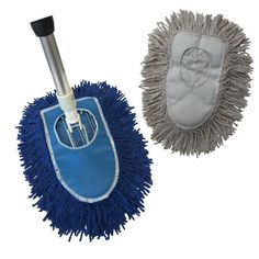 two mop heads with blue and white dust on them, one has a cleaning mitt