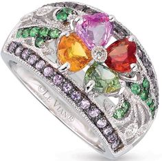 Levian White Gold Multi Sapphire Ring. Le Vian White Gold Multi-Sapphire Ring originally was a size 7 and was sized up to an 8 Le Vian Ring features 2 1/6 cts. Multicolor Sapphires, pink, yellow, green, orange 1/3 cts.  Pink Sapphire 1/5 cts. Green Tsavorite 1/20 cts. White Diamonds set in 14K White Gold Stamped Le Vian no paperwork included Shipped USPS Priority with insurance Levian Rings, Levian Jewelry, Diamond Band Ring, Le Vian, Multi Sapphire, Vintage Diamond Rings, Diamond Rings Bands, American Jewelry, Diamond Band