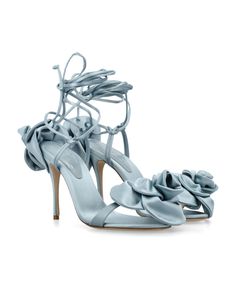 Best price on the market at italist | Magda Butrym Double Flower Heel Sandals Blue Satin Shoes, Blue Dress Shoes, Flower Heels, High Heel Dress Shoes, Satin Sandals, Elegant Sandals, Satin Roses, Magda Butrym, Leather Flowers